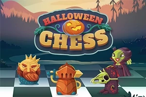 Μια σκακιέρα με κομμάτια εμπνευσμένα από το Halloween, περιλαμβάνει μια πράσινη μάγισσα και μια κολοκύθα, με φόντο ένα τρομακτικό δάσος