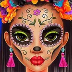 Γυναίκα με μακιγιάζ calavera, πολύχρωμο στεφάνι λουλουδιών και σκουλαρίκια με φούντες σε μπλε φόντο