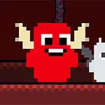 Κόκκινος και λευκός pixel χαρακτήρας με φτερά σε σκοτεινό ψηφιακό περιβάλλον