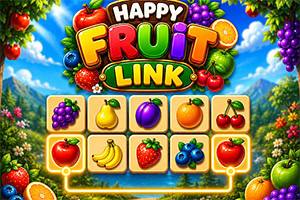 Πολύχρωμο ταμπλό με φρούτα, λογότυπο «Happy Fruit Link» και φόντο κήπου με βουνά