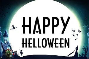 Μια μεγάλη πανσέληνος με τη φράση Happy Halloween, περιτριγυρισμένη από στοιχεία όπως σπίτια, σκελετούς και νυχτερίδες