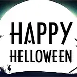 Μια μεγάλη πανσέληνος με τη φράση Happy Halloween, περιτριγυρισμένη από στοιχεία όπως σπίτια, σκελετούς και νυχτερίδες
