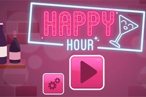 Ροζ-μωβ φόντο με φωτεινή επιγραφή HAPPY HOUR και εικόνα ποτηριού κοκτέιλ, δίπλα σε ράφι με μπουκάλια και κουμπιά επιλογών