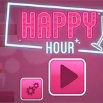 Ροζ-μωβ φόντο με φωτεινή επιγραφή HAPPY HOUR και εικόνα ποτηριού κοκτέιλ, δίπλα σε ράφι με μπουκάλια και κουμπιά επιλογών