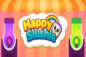 Ένα γραφικό με τη φράση Happy Slushie σε έντονα χρώματα, με δύο πολύχρωμες μηχανές ροφημάτων στο πλάι