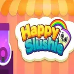 Ένα γραφικό με τη φράση Happy Slushie σε έντονα χρώματα, με δύο πολύχρωμες μηχανές ροφημάτων στο πλάι