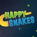 Χαμογελαστά πολύχρωμα φίδια σε σκούρο φόντο με το λογότυπο Happy Snakes