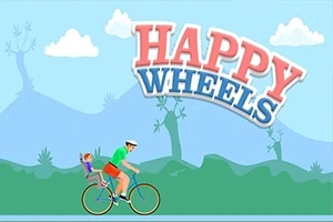 Happy Wheels Ένας άντρας με πράσινο πουκάμισο και κόκκινο σορτς κάνει ποδήλατο με ένα παιδί στο πίσω κάθισμα, με φόντο ένα τοπίο με σύννεφα και την επιγραφή HAPPY WHEELS