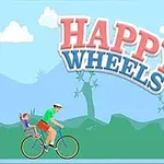 Happy Wheels Ένας άντρας με πράσινο πουκάμισο και κόκκινο σορτς κάνει ποδήλατο με ένα παιδί στο πίσω κάθισμα, με φόντο ένα τοπίο με σύννεφα και την επιγραφή HAPPY WHEELS