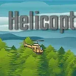 Helicopter Εικόνα με ένα κίτρινο ελικόπτερο που πετάει πάνω από δάσος με φόντο βουνά και τον ουρανό, με τη λέξη Helicopter γραμμένη πάνω