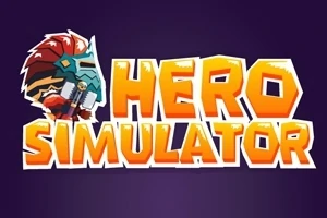Πολύχρωμος λογότυπος με την επιγραφή HERO SIMULATOR και εικόνα ενός προσώπου με κράνος σε σκούρο μωβ φόντο