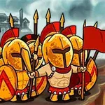 Ομάδα πολεμιστών με αρχαία ελληνική πανοπλία και ασπίδες, κρατώντας κόκκινες σημαίες, με φόντο αρχαία κτίρια και σύννεφα