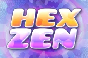 Κείμενο με λαμπερά γράμματα HEX ZEN σε φωτεινό μοβ φόντο με εξάγωνο μοτίβο