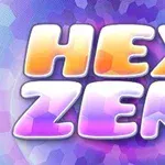 Κείμενο με λαμπερά γράμματα HEX ZEN σε φωτεινό μοβ φόντο με εξάγωνο μοτίβο