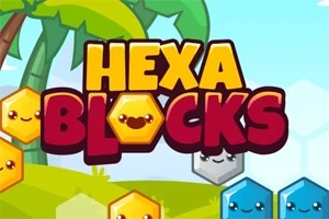Κείμενο HEXA BLOCKS με πολύχρωμα εξαγωνικά μπλοκ με πρόσωπα και φόντο τροπικό τοπίο