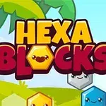 Κείμενο HEXA BLOCKS με πολύχρωμα εξαγωνικά μπλοκ με πρόσωπα και φόντο τροπικό τοπίο