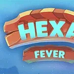 Ένα πολύχρωμο λογότυπο με τις λέξεις HEXA FEVER σε μπλε και πορτοκαλί αποχρώσεις με φόντο ουρανό