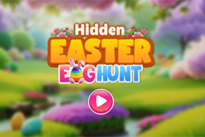 Κείμενο Hidden Easter Egg Hunt με έμφαση στο Easter σε φωτεινό τοπίο με λουλούδια και ποτάμι, και κουμπί αναπαραγωγής στο κέντρο