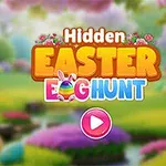 Κείμενο Hidden Easter Egg Hunt με έμφαση στο Easter σε φωτεινό τοπίο με λουλούδια και ποτάμι, και κουμπί αναπαραγωγής στο κέντρο