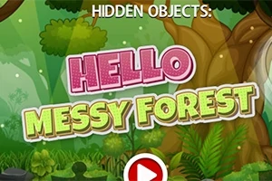 Έγχρωμη εικόνα με τίτλο HELLO MESSY FOREST σε ένα γραφικό σκηνικό δάσους με φυτά και δέντρα, και ένα κουμπί αναπαραγωγής στο κάτω μέρος