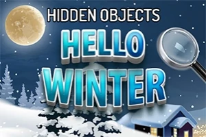 Χιονισμένο τοπίο με φεγγάρι και κείμενο Hidden Objects Hello Winter, συνοδευόμενο από μεγεθυντικό φακό