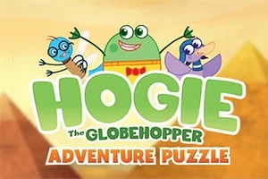 Τρία καρτουνίστικα ζωάκια πάνω από τη φράση Hogie The Globehopper Adventure Puzzle με αφηρημένο φόντο πυραμίδων