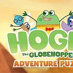 Τρία καρτουνίστικα ζωάκια πάνω από τη φράση Hogie The Globehopper Adventure Puzzle με αφηρημένο φόντο πυραμίδων