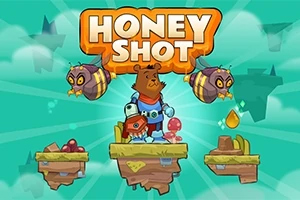 Honey Shot Αρκούδα σε διαστημική στολή μελισσοκόμου στέκεται σε πλωτή πλατφόρμα, περιτριγυρισμένη από μεγάλες μέλισσες, με σύννεφα στο φόντο και σταγόνες μελιού
