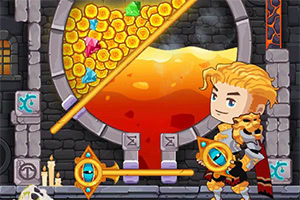 Ένας χαρακτήρας με ξανθά μαλλιά στέκεται μπροστά από έναν μηχανισμό με χρυσά νομίσματα και πολύτιμους λίθους, σε φόντο με πέτρινους τοίχους και λάβα