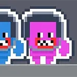Δύο pixelated χαρακτήρες, ο ένας μπλε και ο άλλος ροζ, με εκφραστικά πρόσωπα και κράνη αστροναυτών σε γκρι φόντο