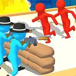 Μπλε φιγούρες με καπέλα κρατώντας όπλα πίσω από σακιά άμυνας, αντιμέτωπες με κόκκινες φιγούρες που τρέχουν