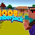 Ένας pixelated χαρακτήρας κρατάει τσεκούρι σε χλοώδες τοπίο με κείμενο NOOB Lumberjack