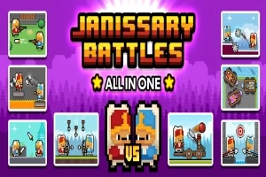 Αφίσα με pixelated φιγούρες στρατιωτών, τον τίτλο Janissary Battles και διάφορες σκηνές μάχης σε ρετρό στυλ