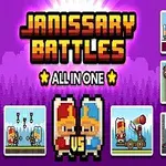 Αφίσα με pixelated φιγούρες στρατιωτών, τον τίτλο Janissary Battles και διάφορες σκηνές μάχης σε ρετρό στυλ