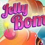 Έντονα γραφικά με τη λέξη Jelly Bomb σε ροζ γράμματα πάνω από γλυκίσματα και ζελέδες με φωτεινό φόντο