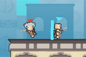 Δύο pixel art χαρακτήρες πάνω σε μια πλατφόρμα με φόντο μπλε κτίριο, κρατώντας όπλα και μικρές έγχρωμες σημαίες πάνω από τα κεφάλια τους