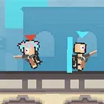 Δύο pixel art χαρακτήρες πάνω σε μια πλατφόρμα με φόντο μπλε κτίριο, κρατώντας όπλα και μικρές έγχρωμες σημαίες πάνω από τα κεφάλια τους