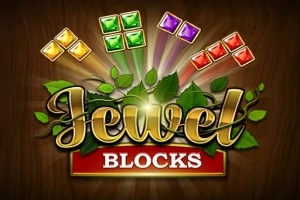Διακοσμητικός τίτλος Jewel Blocks με χρωματιστά κοσμήματα και φύλλα σε ξύλινο φόντο