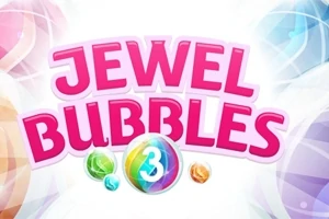 Λογότυπο με έντονα ροζ γράμματα JEWEL BUBBLES και πολύχρωμες φυσαλίδες γύρω από τον αριθμό τρία