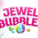 Λογότυπο με έντονα ροζ γράμματα JEWEL BUBBLES και πολύχρωμες φυσαλίδες γύρω από τον αριθμό τρία