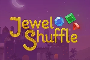 Στο κέντρο της εικόνας βρίσκεται η λέξη Jewel Shuffle με πολύχρωμα πετράδια γύρω της και φόντο ένα κάστρο τη νύχτα
