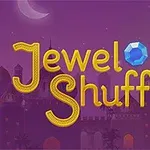 Στο κέντρο της εικόνας βρίσκεται η λέξη Jewel Shuffle με πολύχρωμα πετράδια γύρω της και φόντο ένα κάστρο τη νύχτα