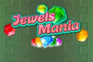 Κείμενο με τον τίτλο Jewels Mania και πολύχρωμα πετράδια σε πράσινο φόντο