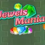 Κείμενο με τον τίτλο Jewels Mania και πολύχρωμα πετράδια σε πράσινο φόντο