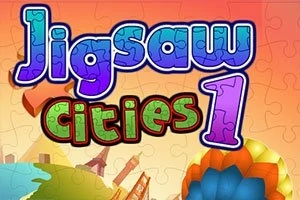 Η εικόνα δείχνει τον τίτλο Jigsaw Cities 1 με πολύχρωμο φόντο που περιλαμβάνει κομμάτια παζλ και σιλουέτες κτιρίων