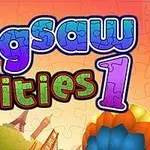 Η εικόνα δείχνει τον τίτλο Jigsaw Cities 1 με πολύχρωμο φόντο που περιλαμβάνει κομμάτια παζλ και σιλουέτες κτιρίων