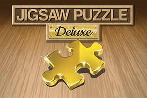Χρυσό κομμάτι παζλ κάτω από την επιγραφή Jigsaw Puzzle Deluxe σε ξύλινο φόντο
