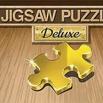 Χρυσό κομμάτι παζλ κάτω από την επιγραφή Jigsaw Puzzle Deluxe σε ξύλινο φόντο