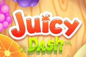 Κείμενο με την ένδειξη Juicy Dash σε έντονα χρώματα πάνω σε ξύλινο φόντο, περιτριγυρισμένο από πορτοκαλί φρούτα και σταφύλια