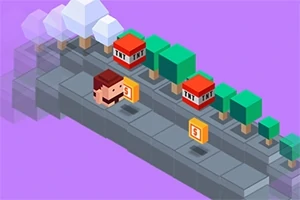 Ένας pixelated χαρακτήρας περπατάει σε ένα μονοπάτι με δέντρα και κτίρια, σε μωβ φόντο